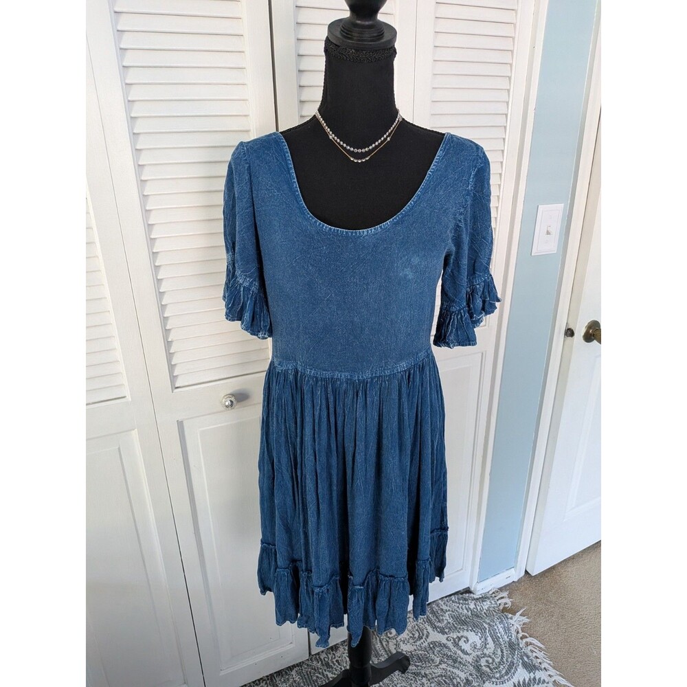 Exist Dress Womens S Blue Baby Doll Ruffle Sleeve Boho Chambray Hippie Peasant